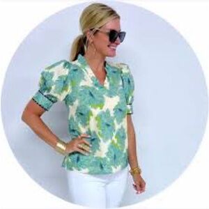 Entro Island Breeze Green and Cream Floral Blouse
